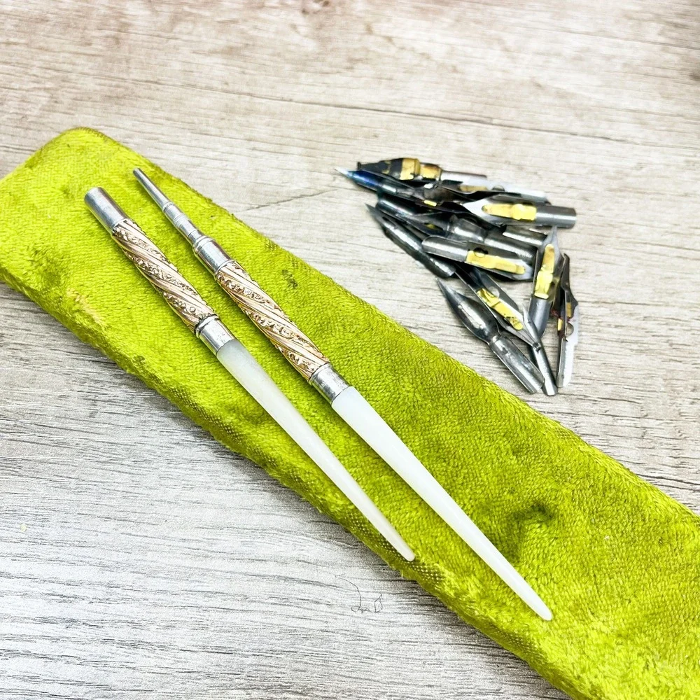 Mabie Todd & Co Sterling Silver Mother of Pearl Dip Pen Set Vintage Nibs Case